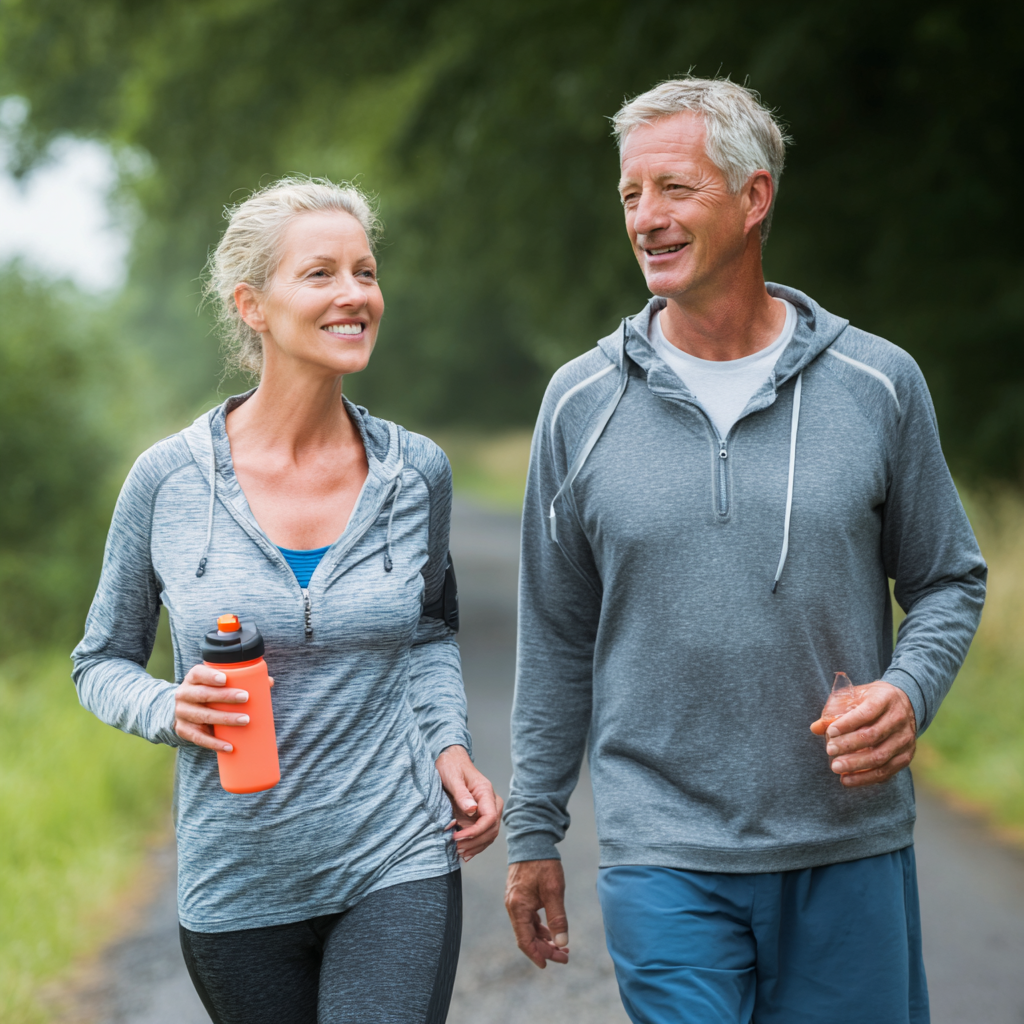 Healthy middle-aged couple walking together outdoors, showing active lifestyle and wellness