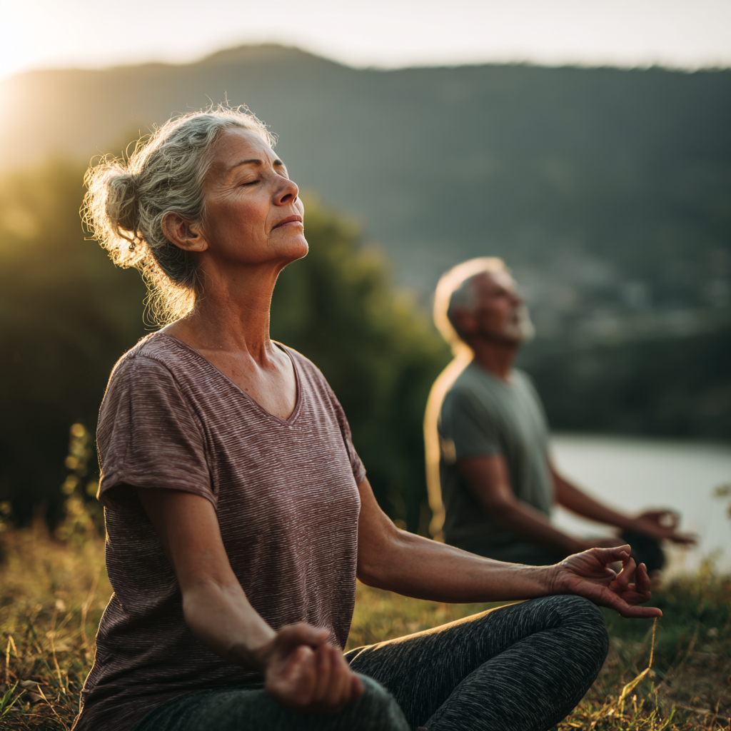 Middle-aged adults doing gentle yoga exercises outdoors in natural setting